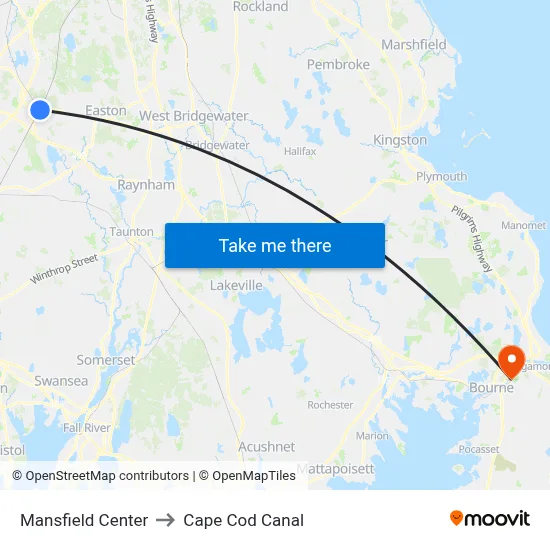 Mansfield Center to Cape Cod Canal map