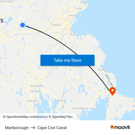 Marlborough to Cape Cod Canal map