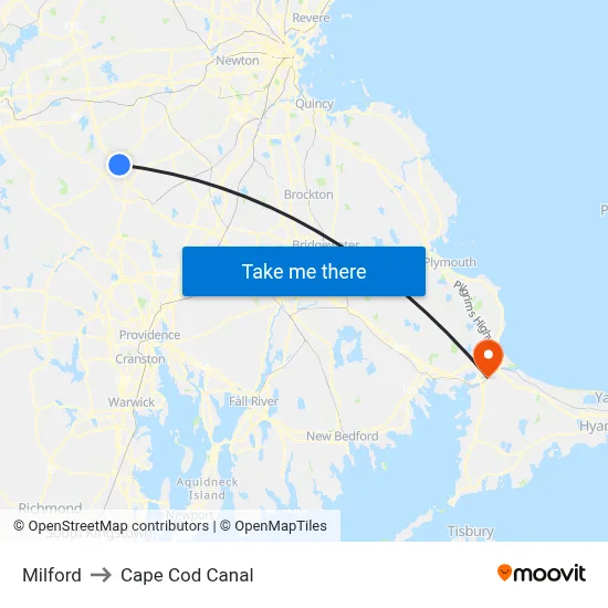 Milford to Cape Cod Canal map
