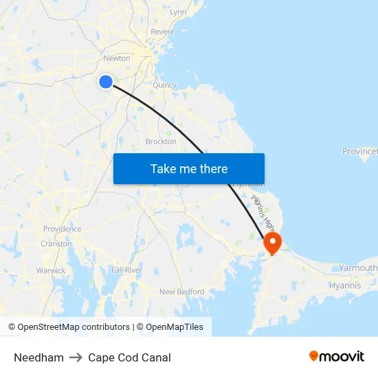 Needham to Cape Cod Canal map
