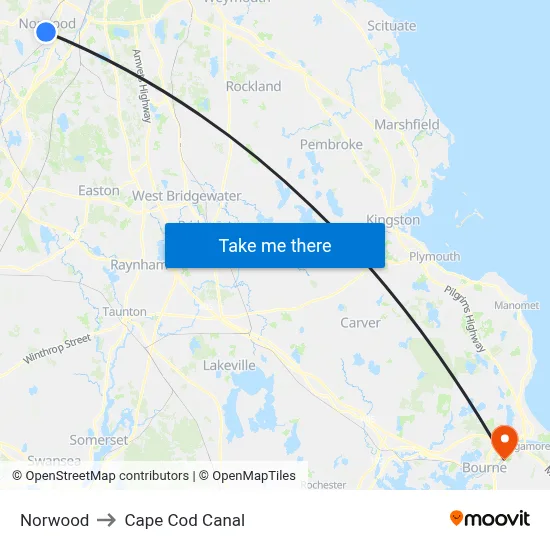 Norwood to Cape Cod Canal map