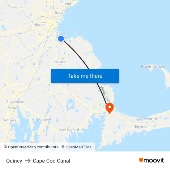Quincy to Cape Cod Canal map