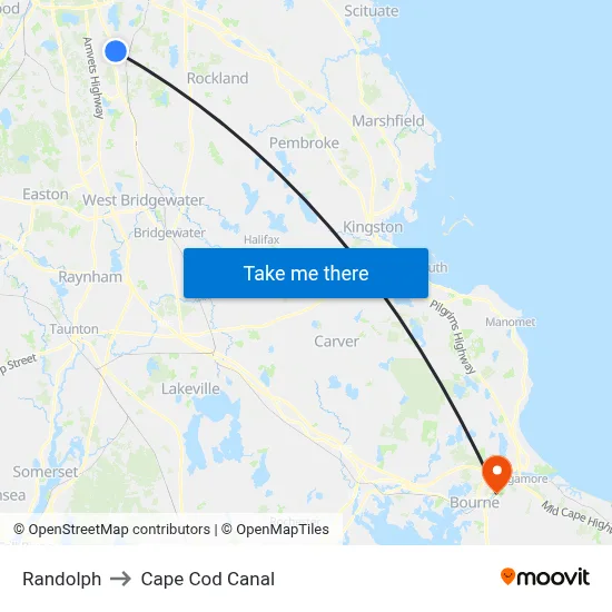 Randolph to Cape Cod Canal map
