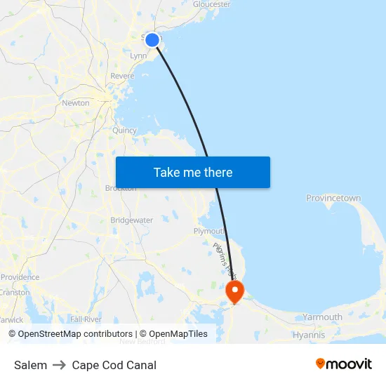Salem to Cape Cod Canal map