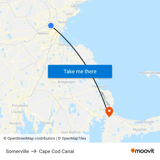 Somerville to Cape Cod Canal map