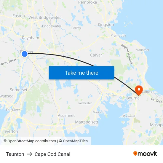 Taunton to Cape Cod Canal map