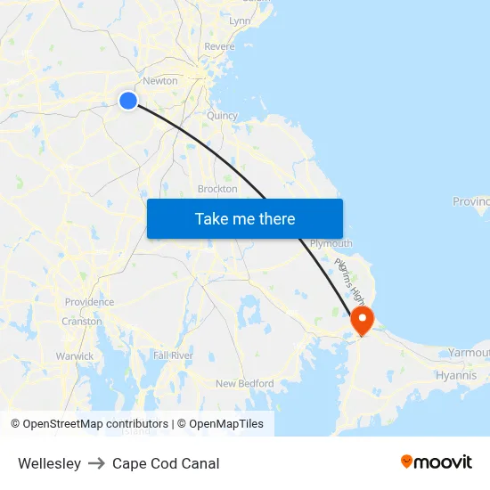 Wellesley to Cape Cod Canal map