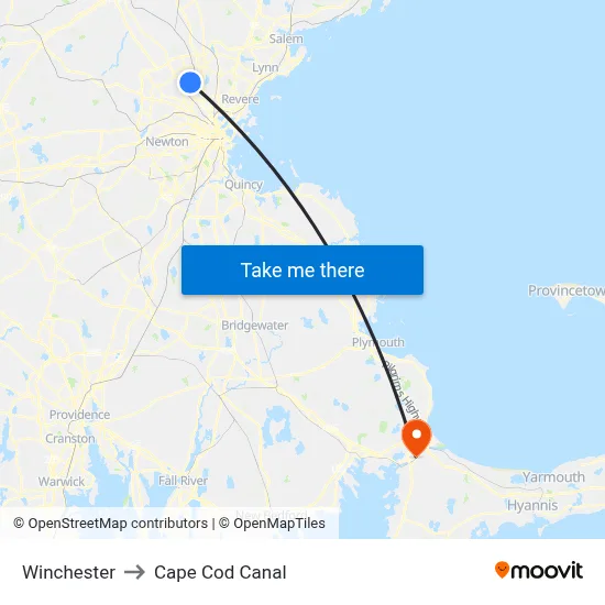Winchester to Cape Cod Canal map