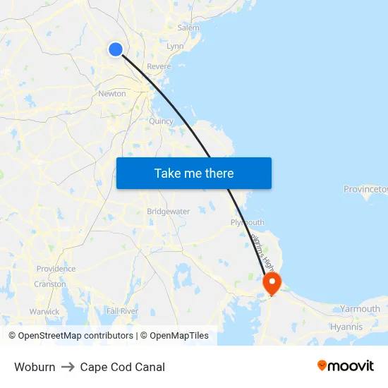 Woburn to Cape Cod Canal map