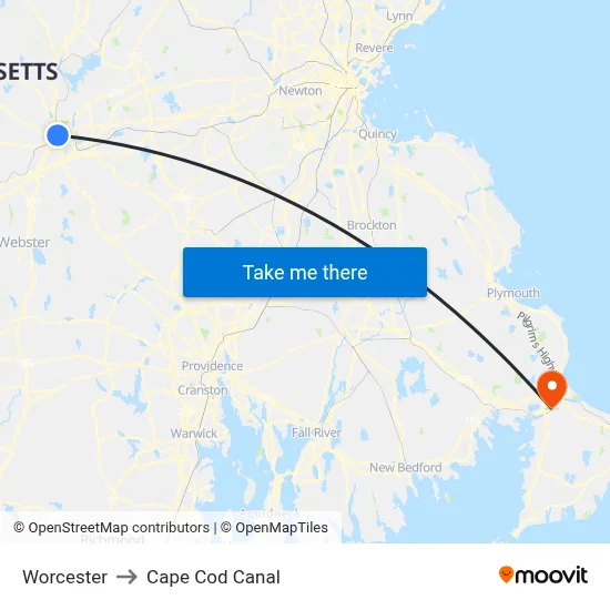 Worcester to Cape Cod Canal map