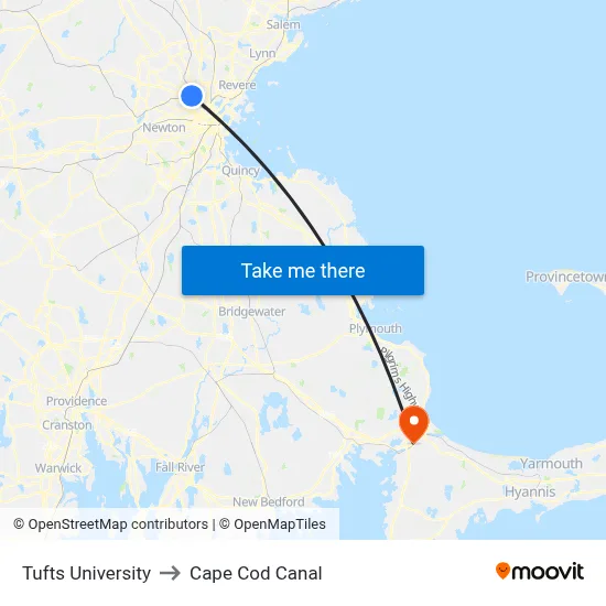 Tufts University to Cape Cod Canal map