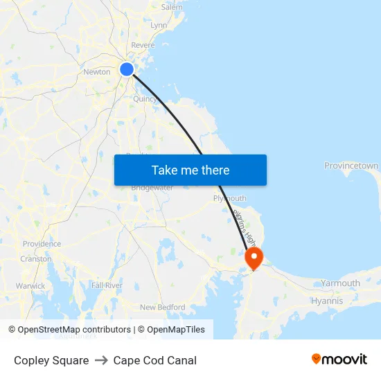 Copley Square to Cape Cod Canal map
