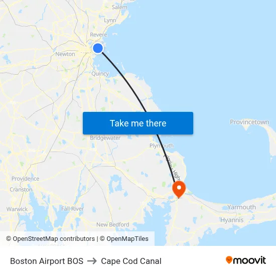 Boston Airport BOS to Cape Cod Canal map