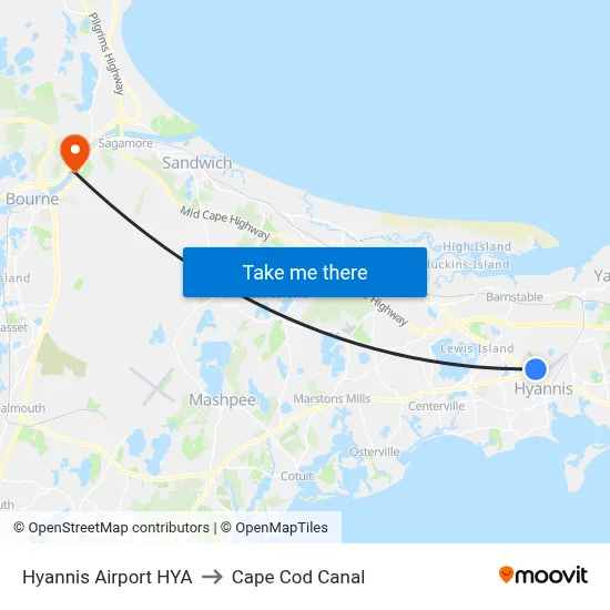Hyannis Airport HYA to Cape Cod Canal map