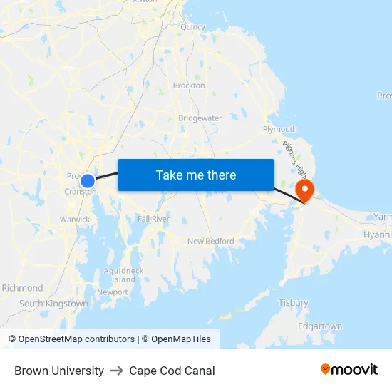 Brown University to Cape Cod Canal map