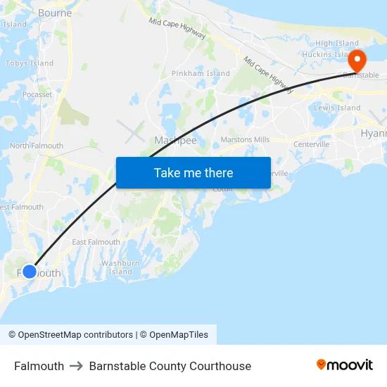 Falmouth to Barnstable County Courthouse map