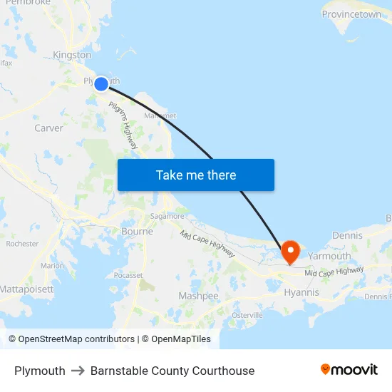 Plymouth to Barnstable County Courthouse map