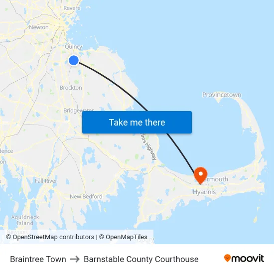 Braintree Town to Barnstable County Courthouse map
