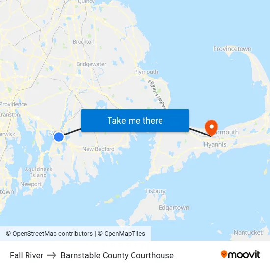 Fall River to Barnstable County Courthouse map