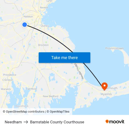 Needham to Barnstable County Courthouse map