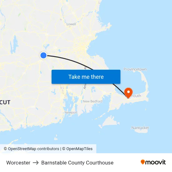 Worcester to Barnstable County Courthouse map