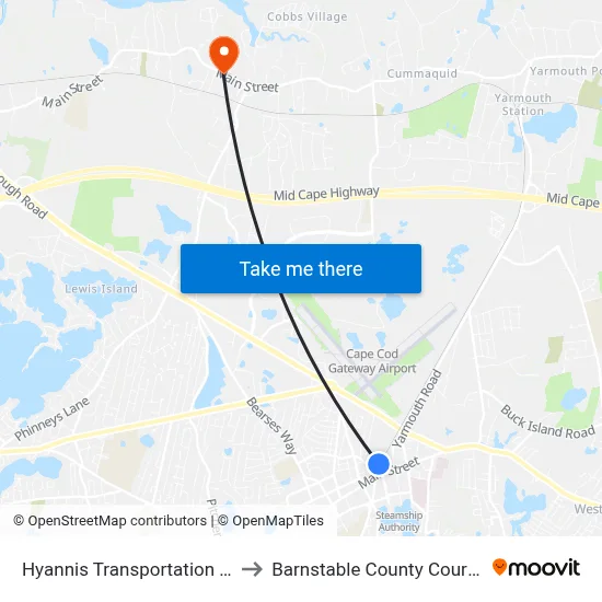 Hyannis Transportation Center to Barnstable County Courthouse map