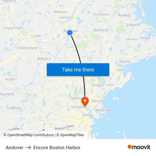 Andover to Encore Boston Harbor map