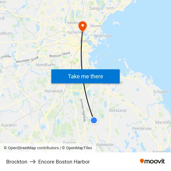 Brockton to Encore Boston Harbor map