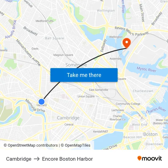 Cambridge to Encore Boston Harbor map