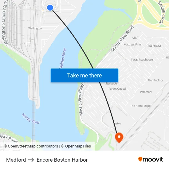 Medford to Encore Boston Harbor map