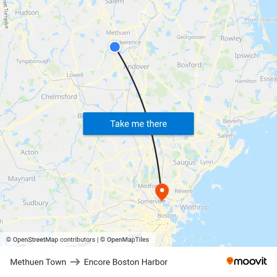 Methuen Town to Encore Boston Harbor map