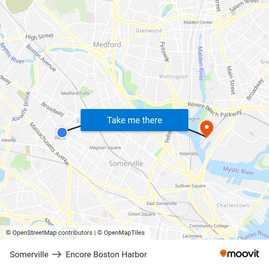 Somerville to Encore Boston Harbor map