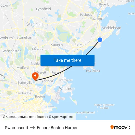 Swampscott to Encore Boston Harbor map