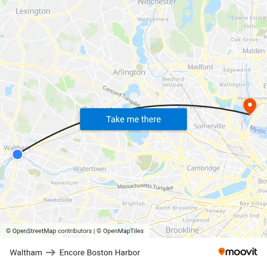 Waltham to Encore Boston Harbor map