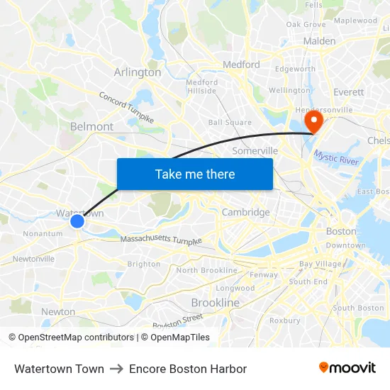 Watertown Town to Encore Boston Harbor map