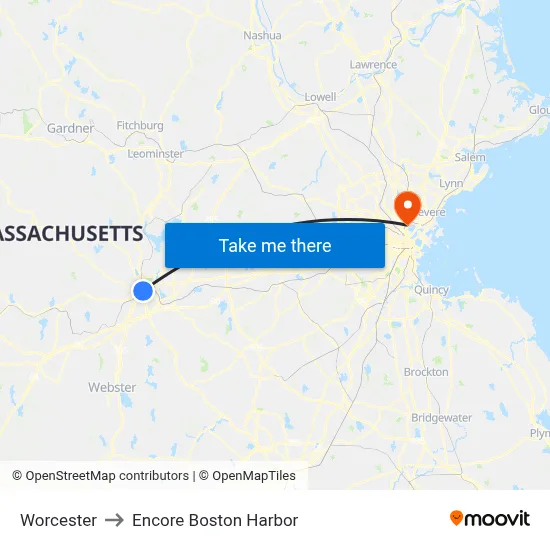 Worcester to Encore Boston Harbor map