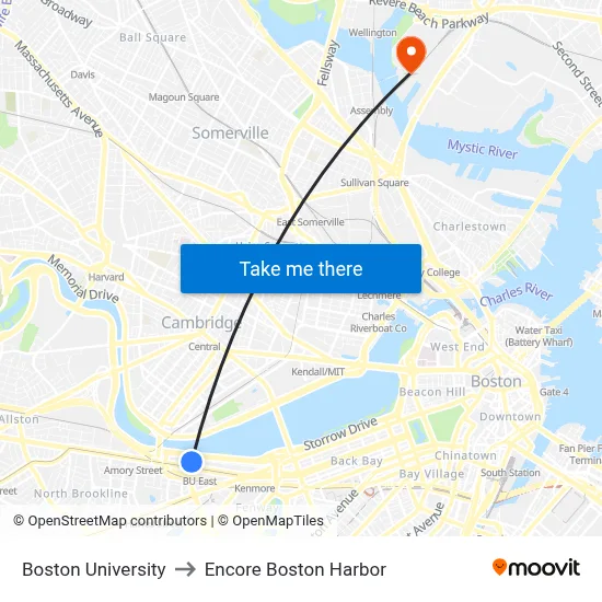 Boston University to Encore Boston Harbor map