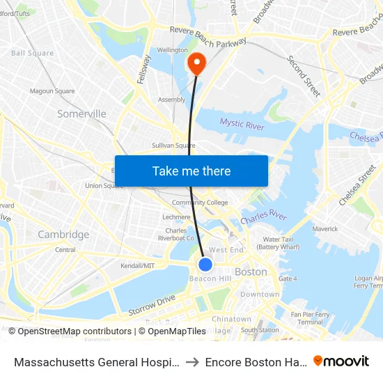 Massachusetts General Hospital ER to Encore Boston Harbor map