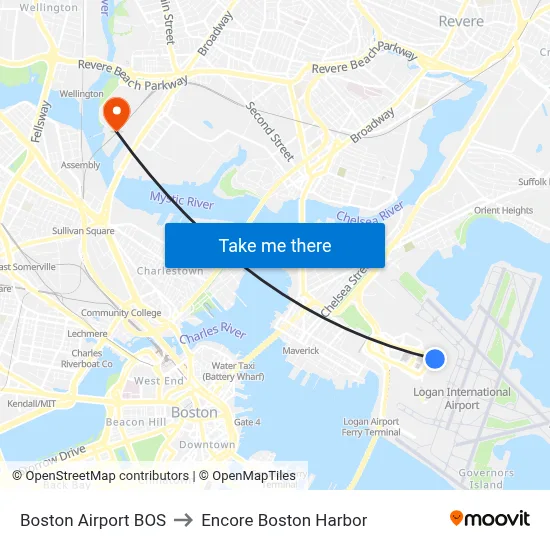 Boston Airport BOS to Encore Boston Harbor map