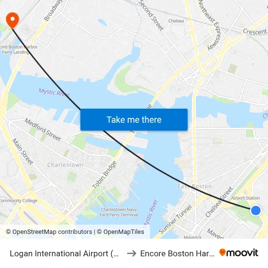 Logan International Airport (BOS) to Encore Boston Harbor map