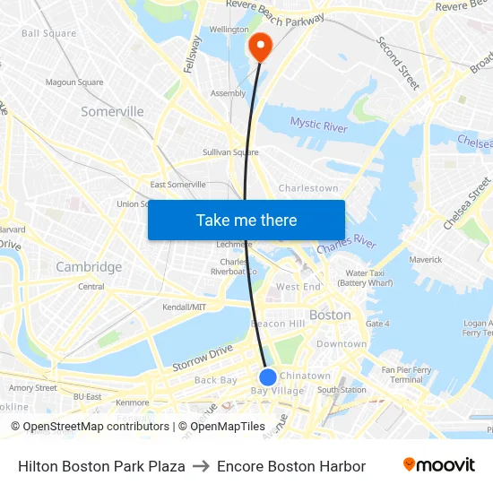 Hilton Boston Park Plaza to Encore Boston Harbor map