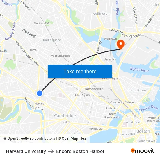 Harvard University to Encore Boston Harbor map