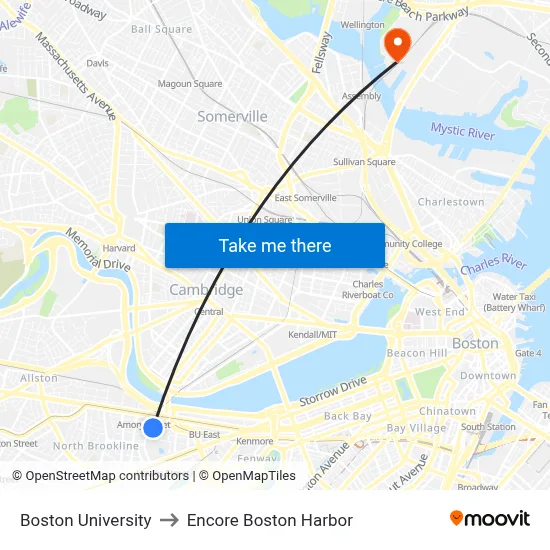 Boston University to Encore Boston Harbor map