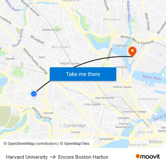 Harvard University to Encore Boston Harbor map