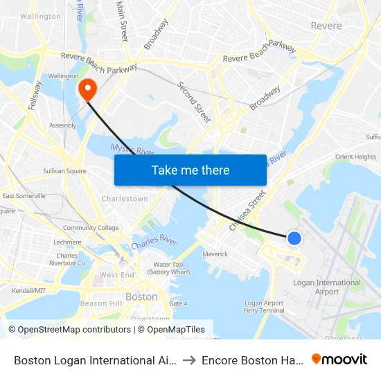 Boston Logan International Airport to Encore Boston Harbor map