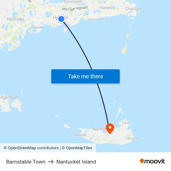 Barnstable Town to Nantucket Island map