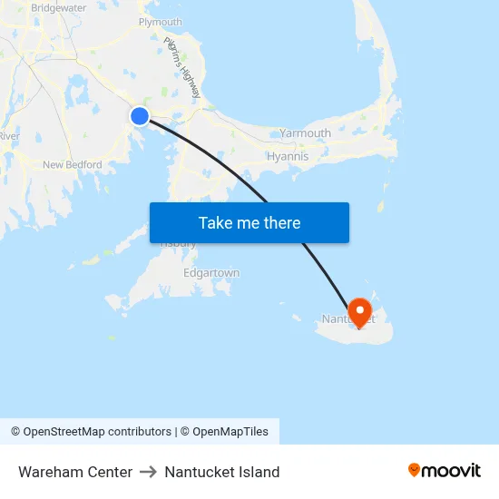 Wareham Center to Nantucket Island map