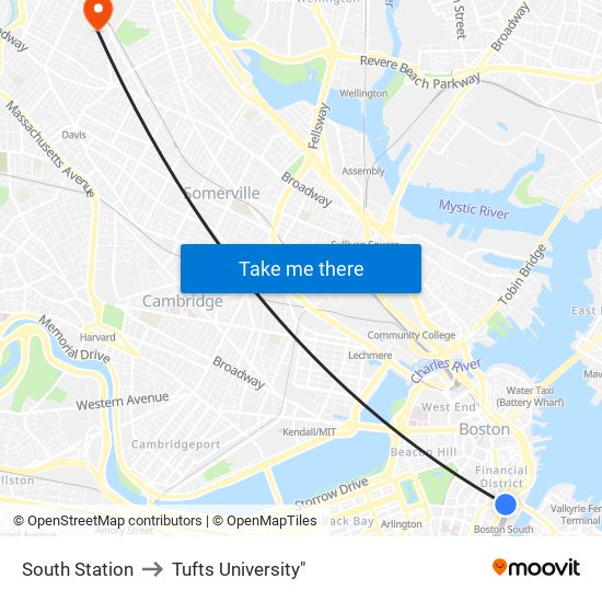 South Station to Tufts University" map