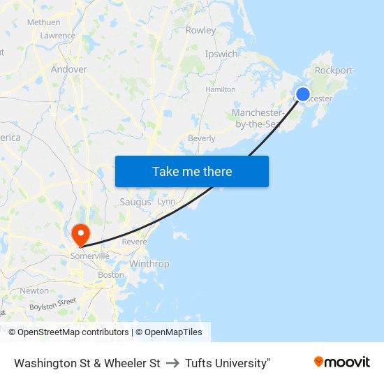 Washington St & Wheeler St to Tufts University" map