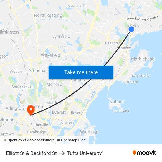 Elliott St & Beckford St to Tufts University" map